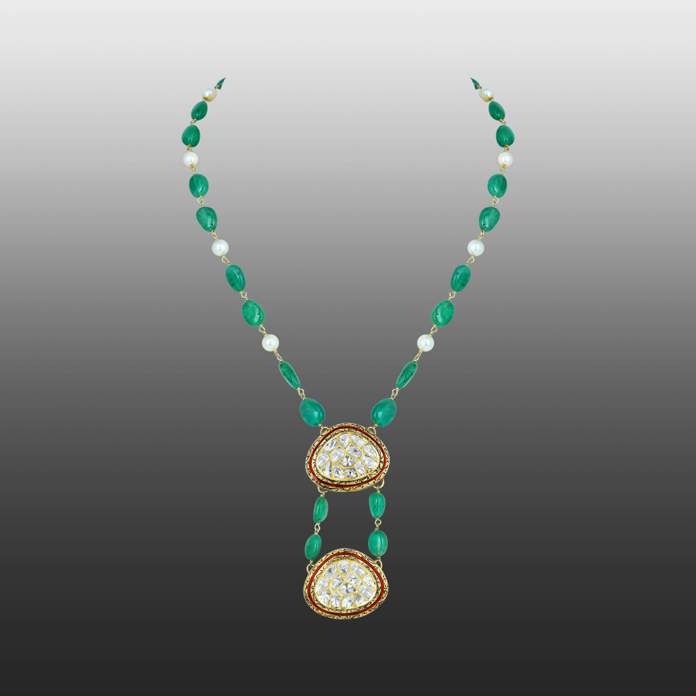 Emerald and Pearl Necklace with Dual Polki Pendants